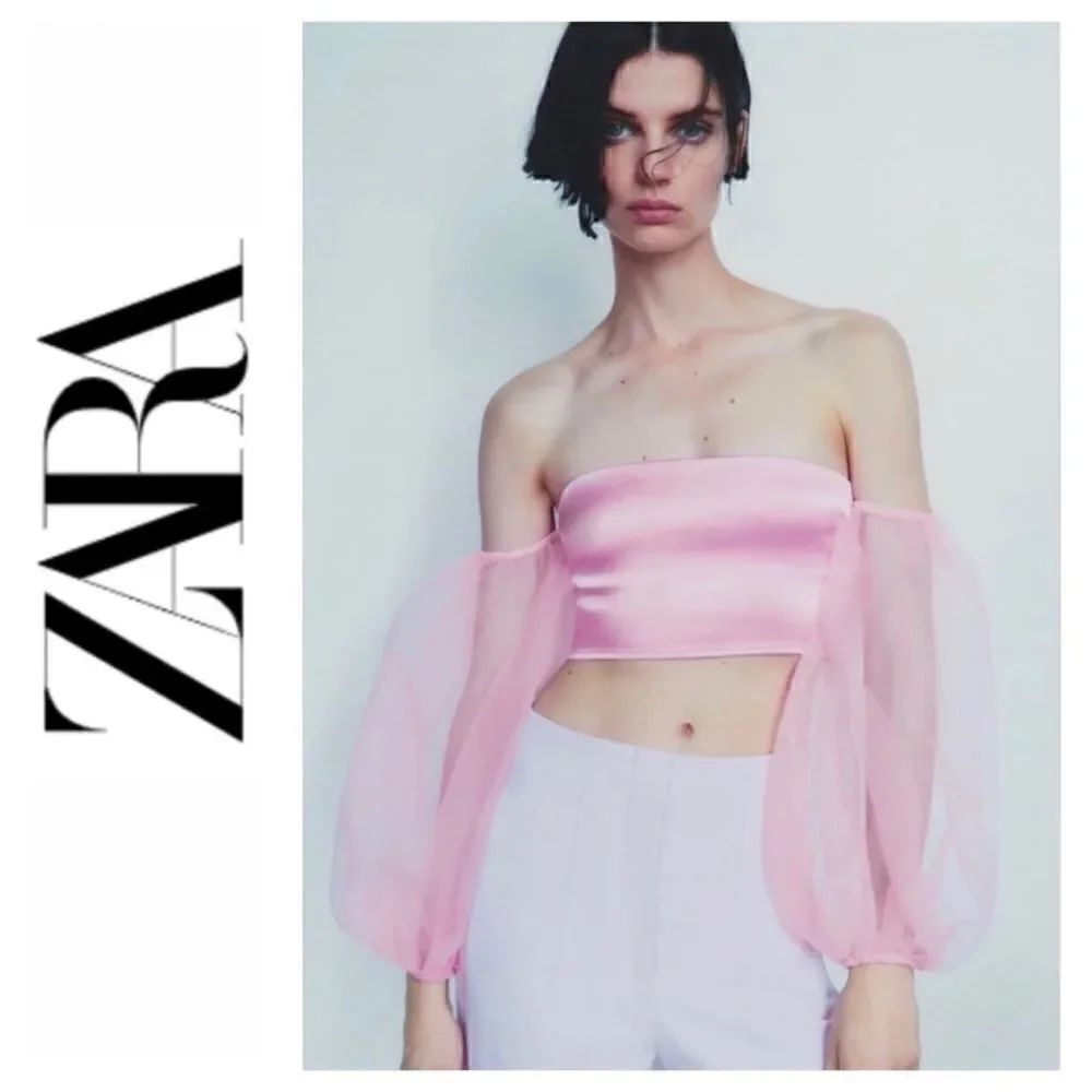 NWT Zara Blogger’s Favorite Pink Contrasting Organza Balloon Sleeves Crop Top